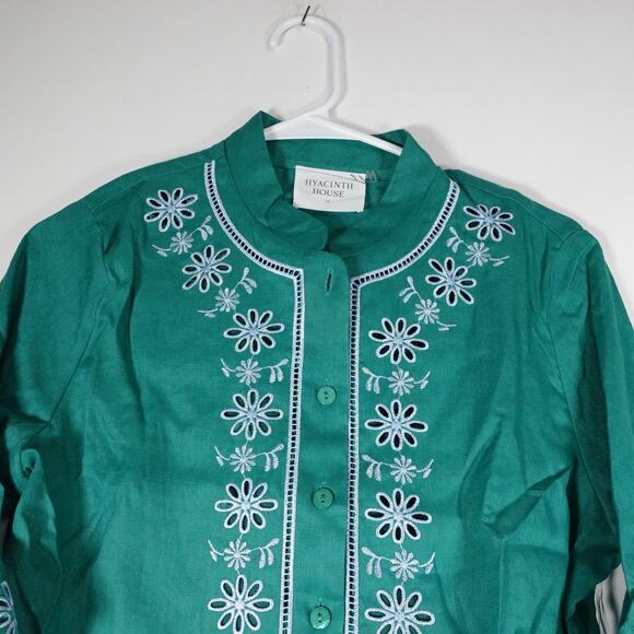 New Hyacinth House Women's XS Green Embroidered Ruffle Linen Montauk Lounge Top - Picture 9 of 10